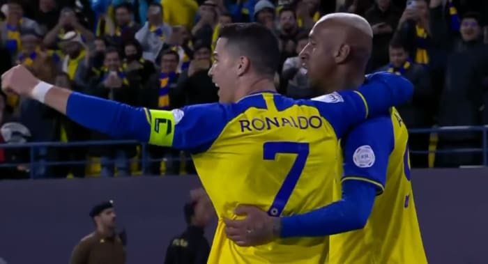 Al Nassr captain Cristiano Ronaldo pictured celebrating a goal from teammate Talisca in a Saudi Pro League game against Ettifaq in January 2023